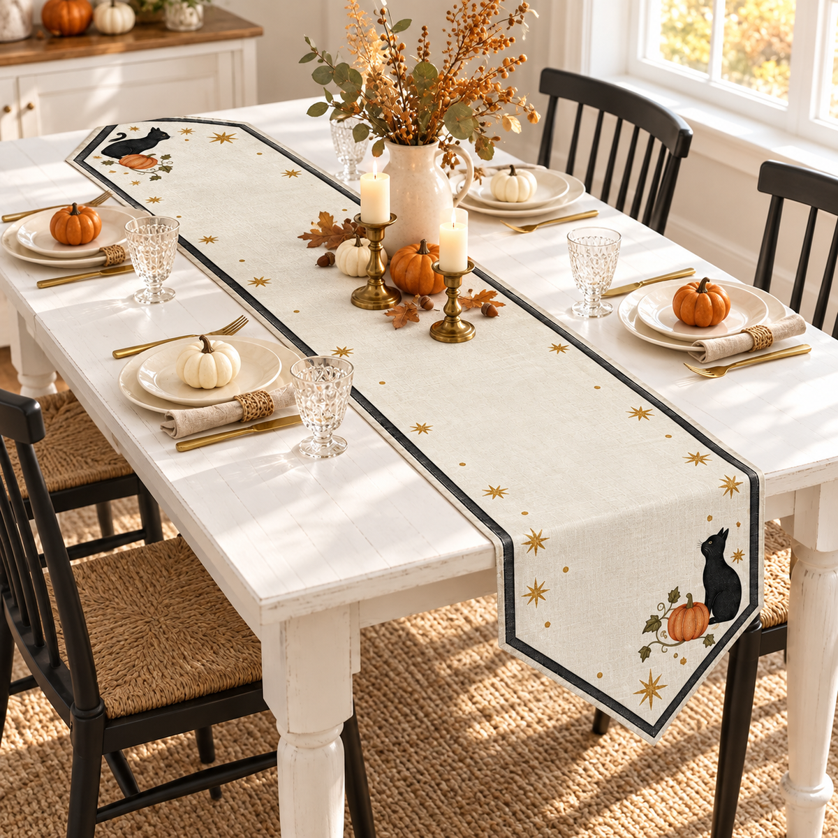 Mystic Black Cat & Pumpkin Halloween Table Runner