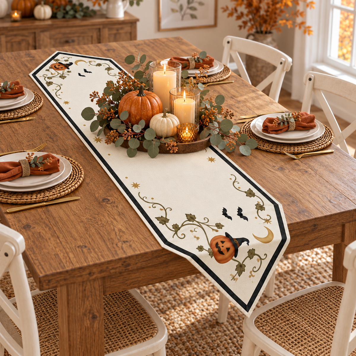 Enchanted Pumpkin & Crescent Moon Halloween Table Runner