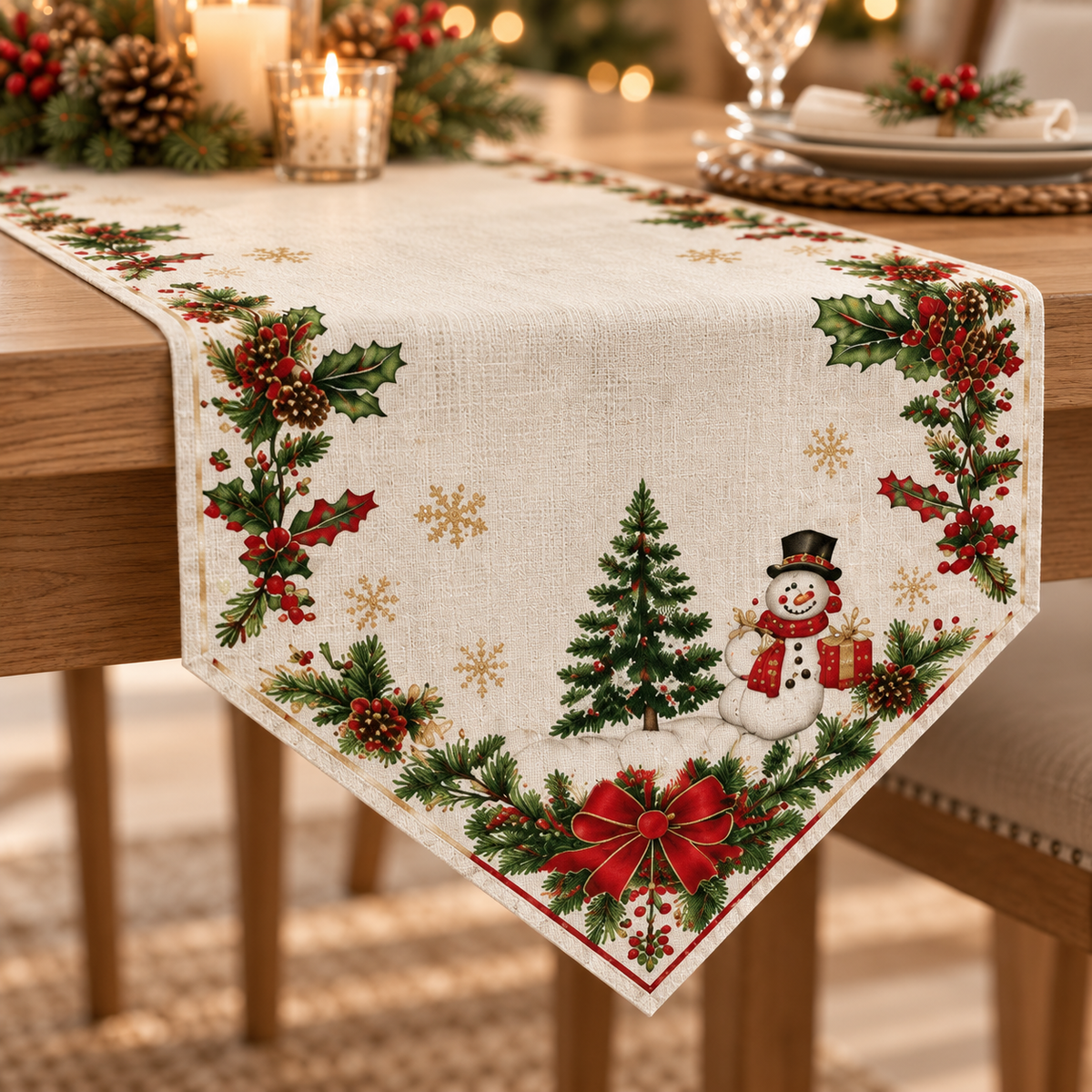 Christmas Holly & Poinsettia Table Runner