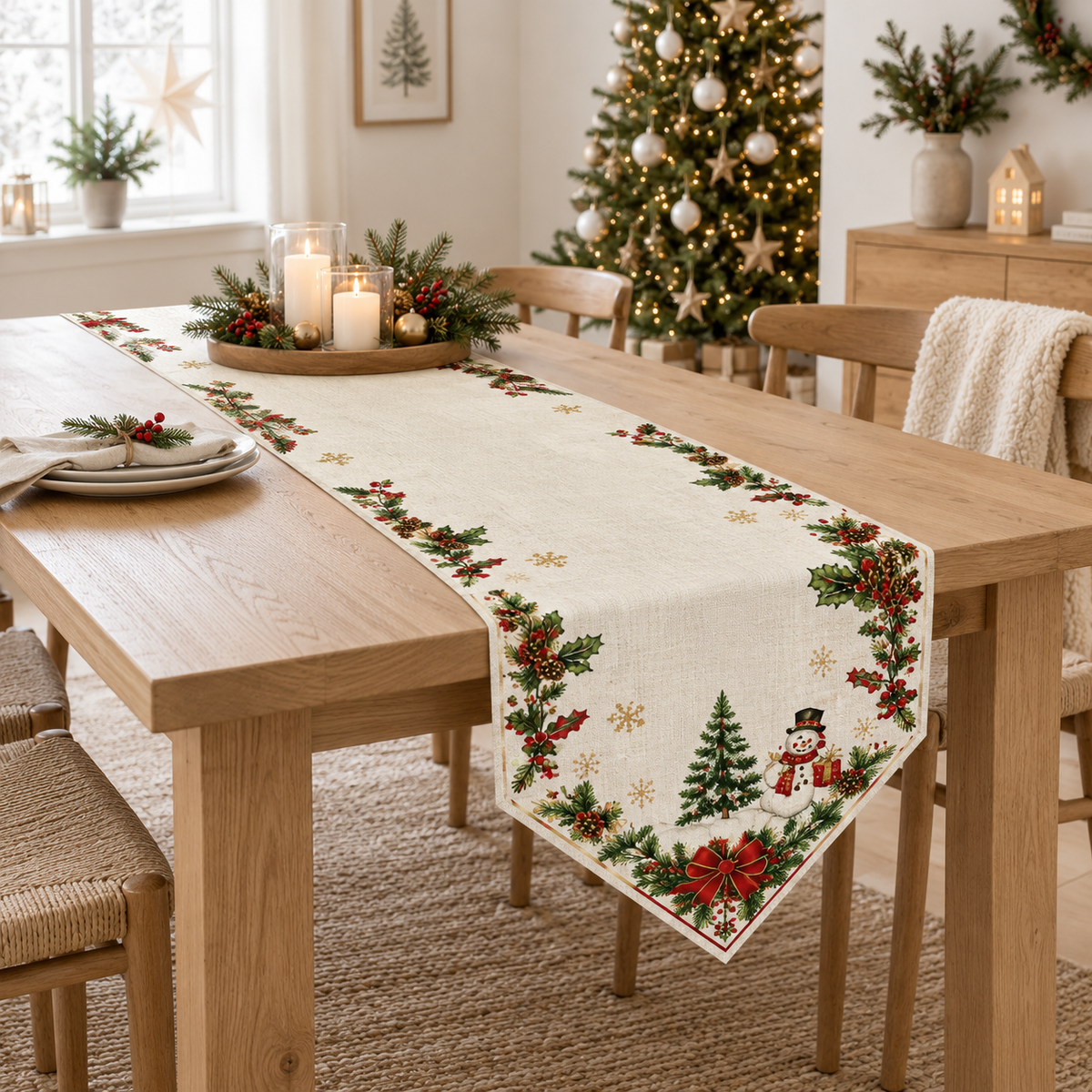Christmas Holly & Poinsettia Table Runner