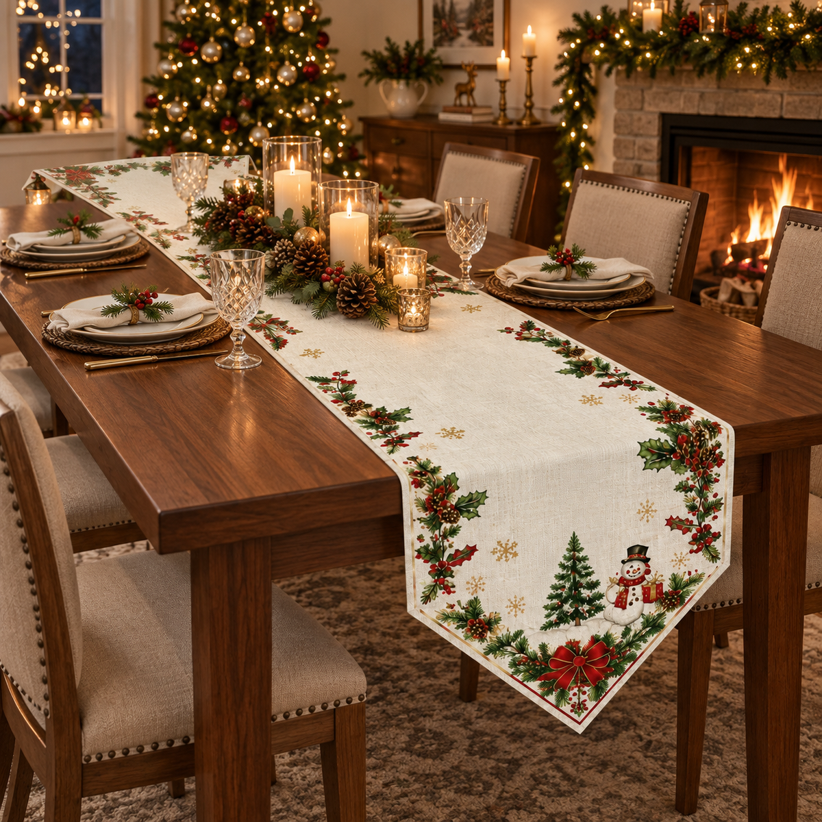 Christmas Holly & Poinsettia Table Runner