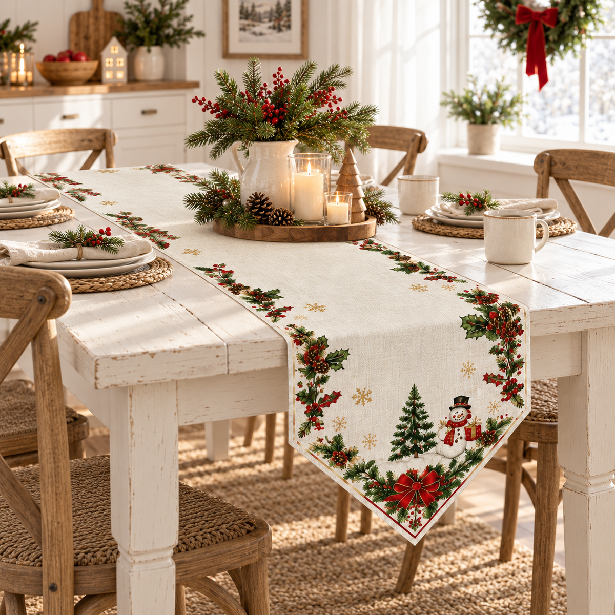 Christmas Holly & Poinsettia Table Runner
