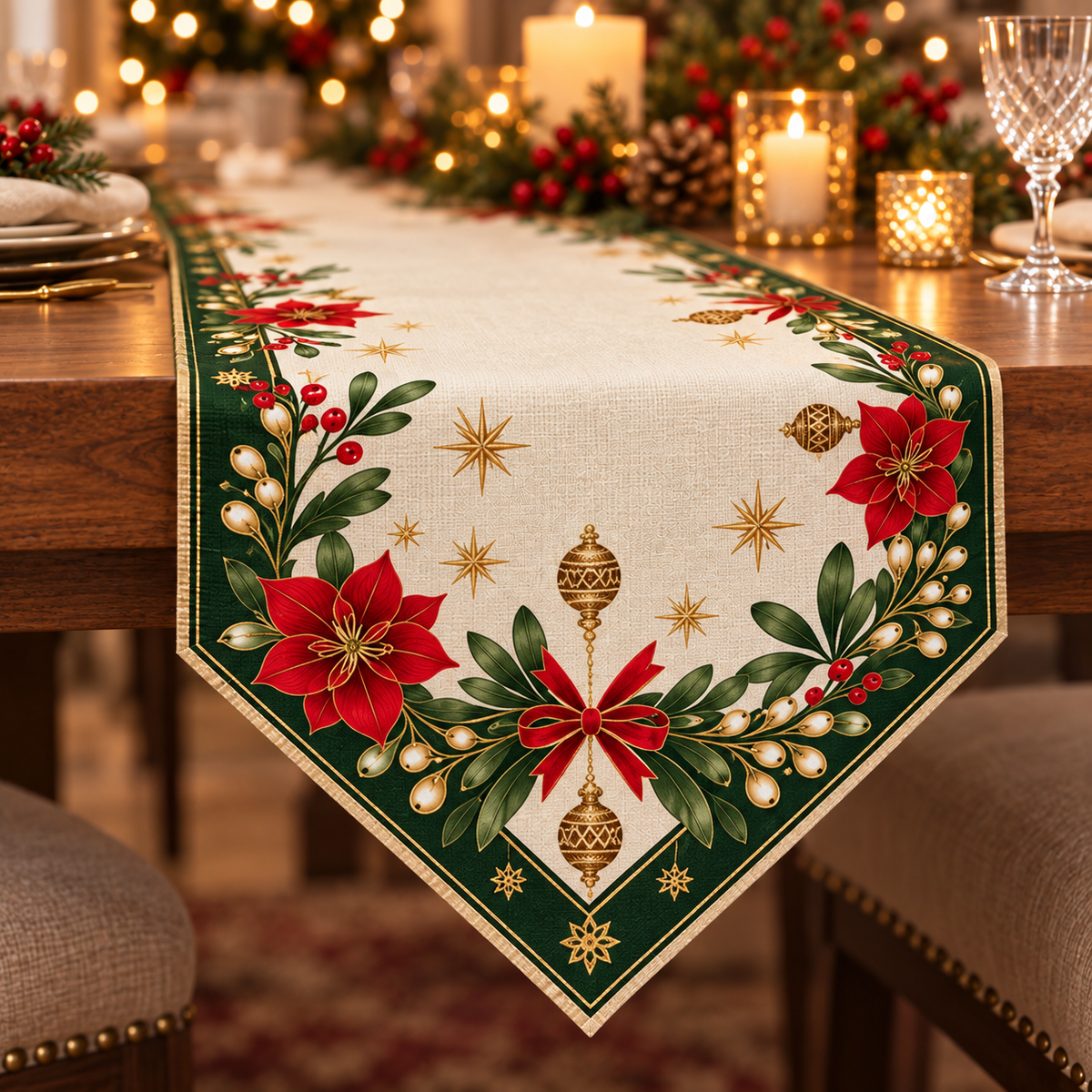 Christmas Poinsettia & Mistletoe Table Runner