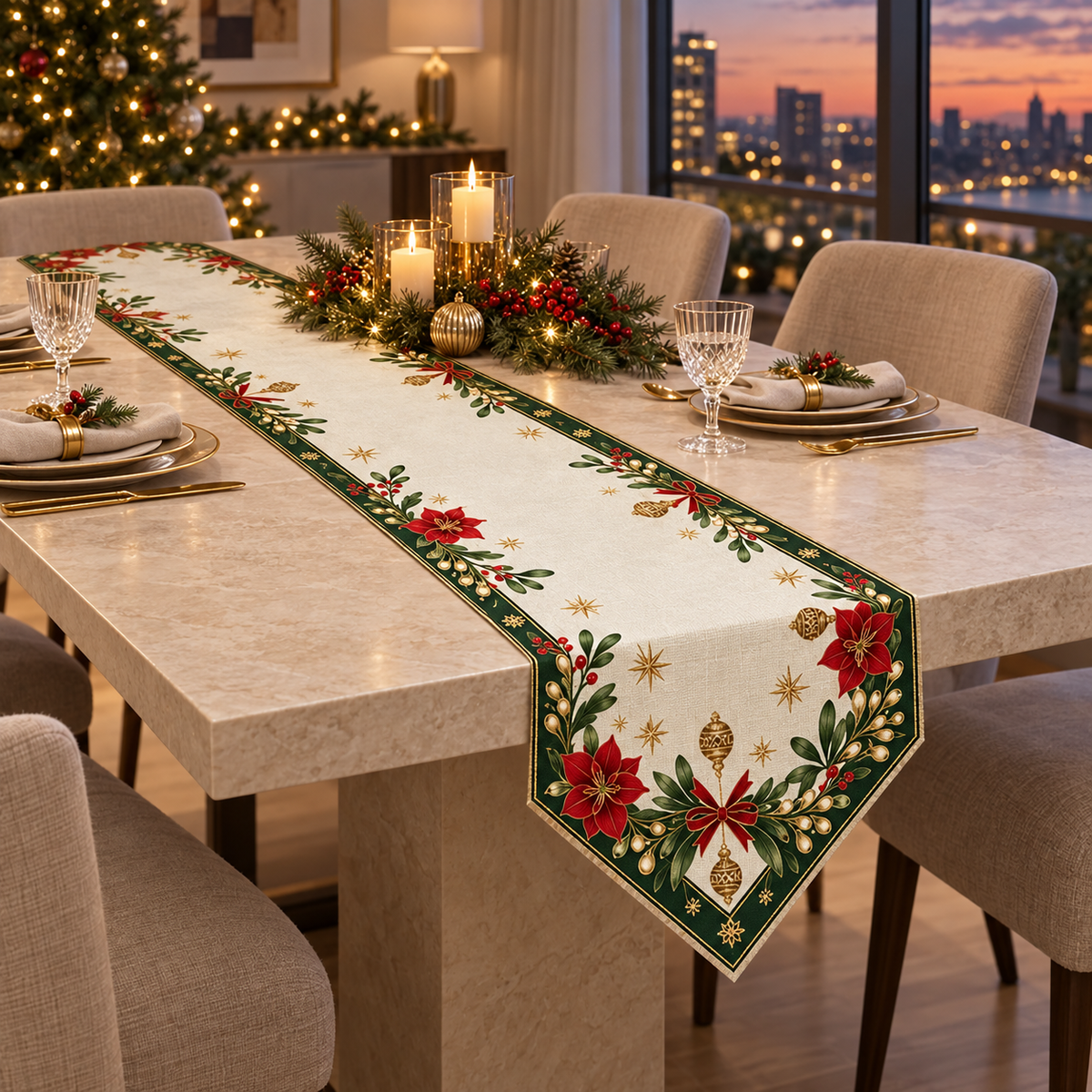 Christmas Poinsettia & Mistletoe Table Runner