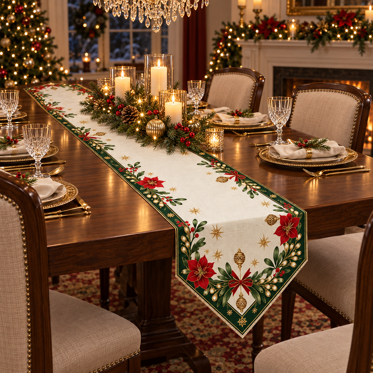 Christmas Poinsettia & Mistletoe Table Runner