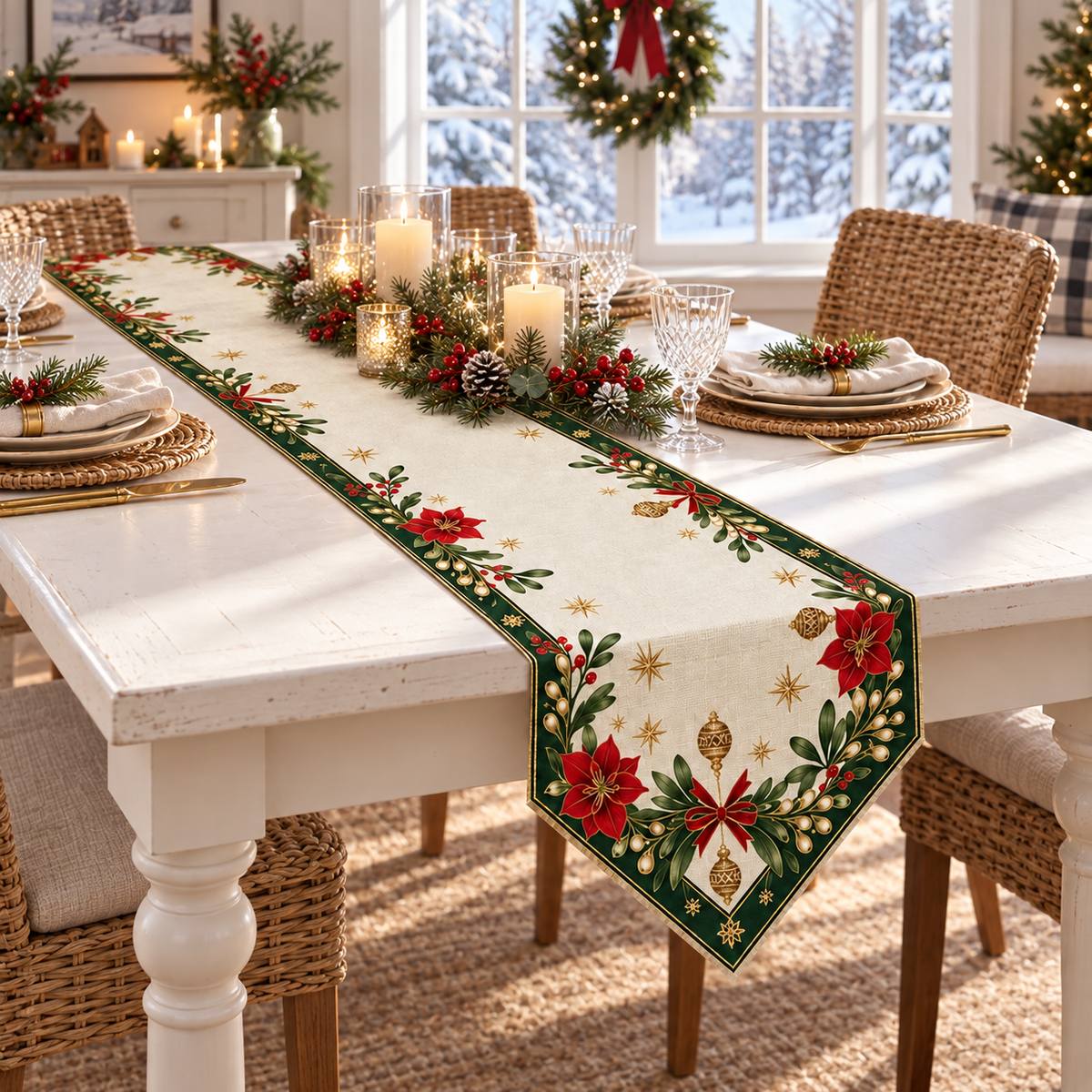 Christmas Poinsettia & Mistletoe Table Runner