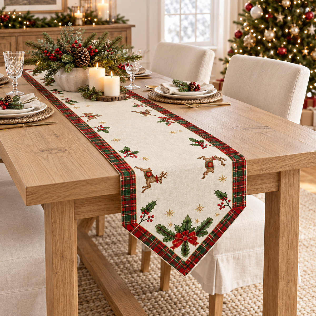Christmas Reindeer & Tartan Plaid Table Runner