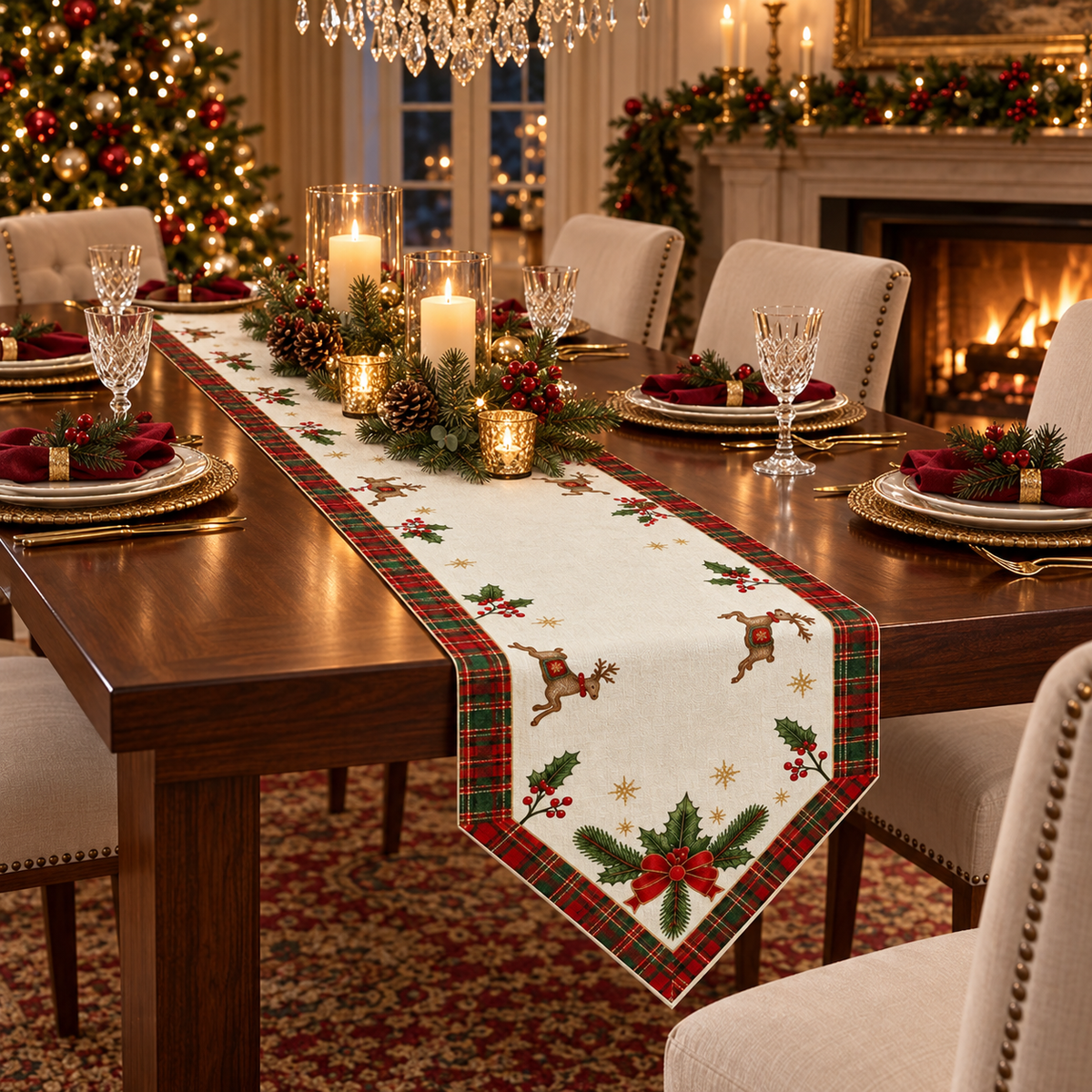 Christmas Reindeer & Tartan Plaid Table Runner