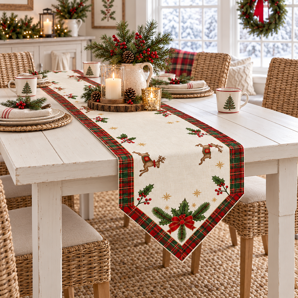Christmas Reindeer & Tartan Plaid Table Runner