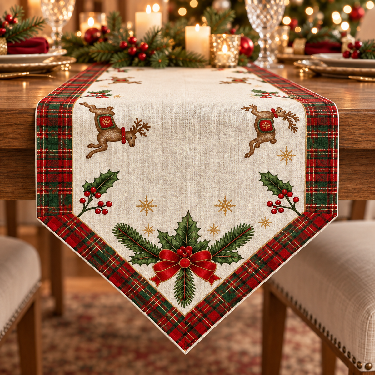 Christmas Reindeer & Tartan Plaid Table Runner