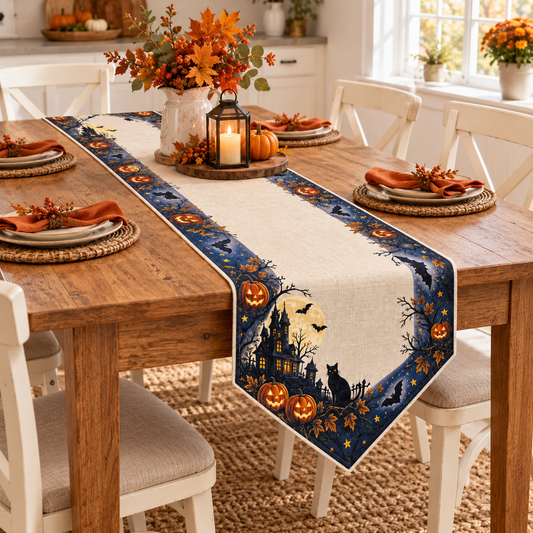 Midnight Halloween Pumpkin & Black Cat Table Runner
