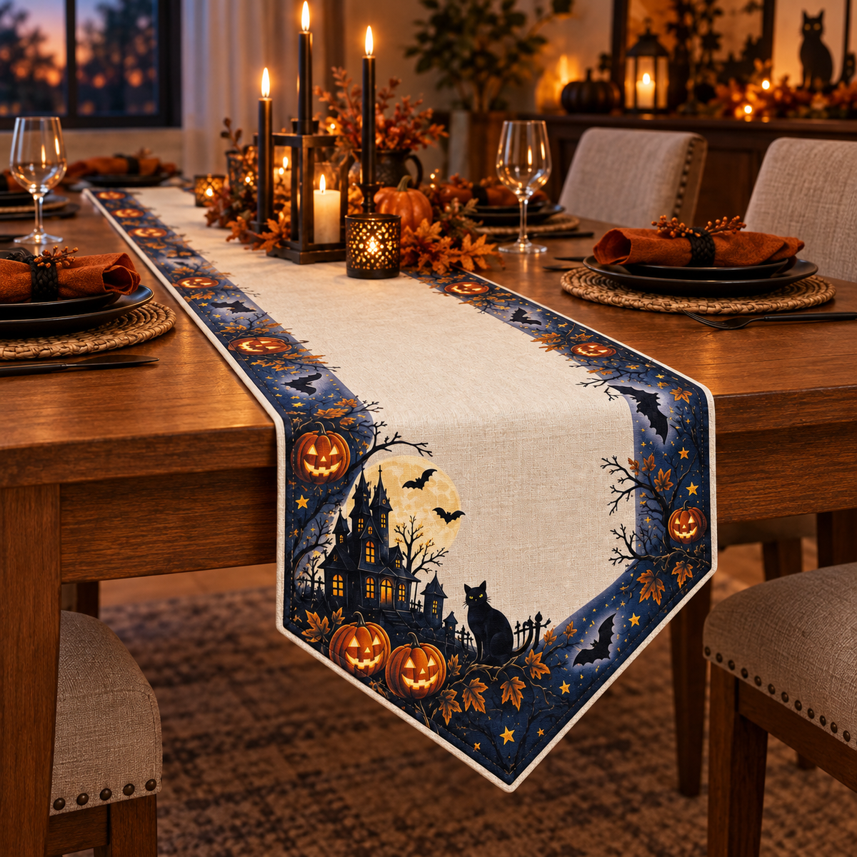 Midnight Halloween Pumpkin & Black Cat Table Runner