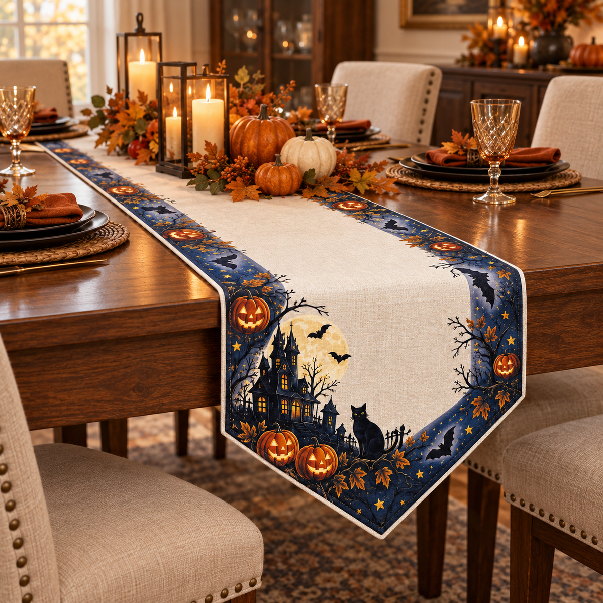Midnight Halloween Pumpkin & Black Cat Table Runner
