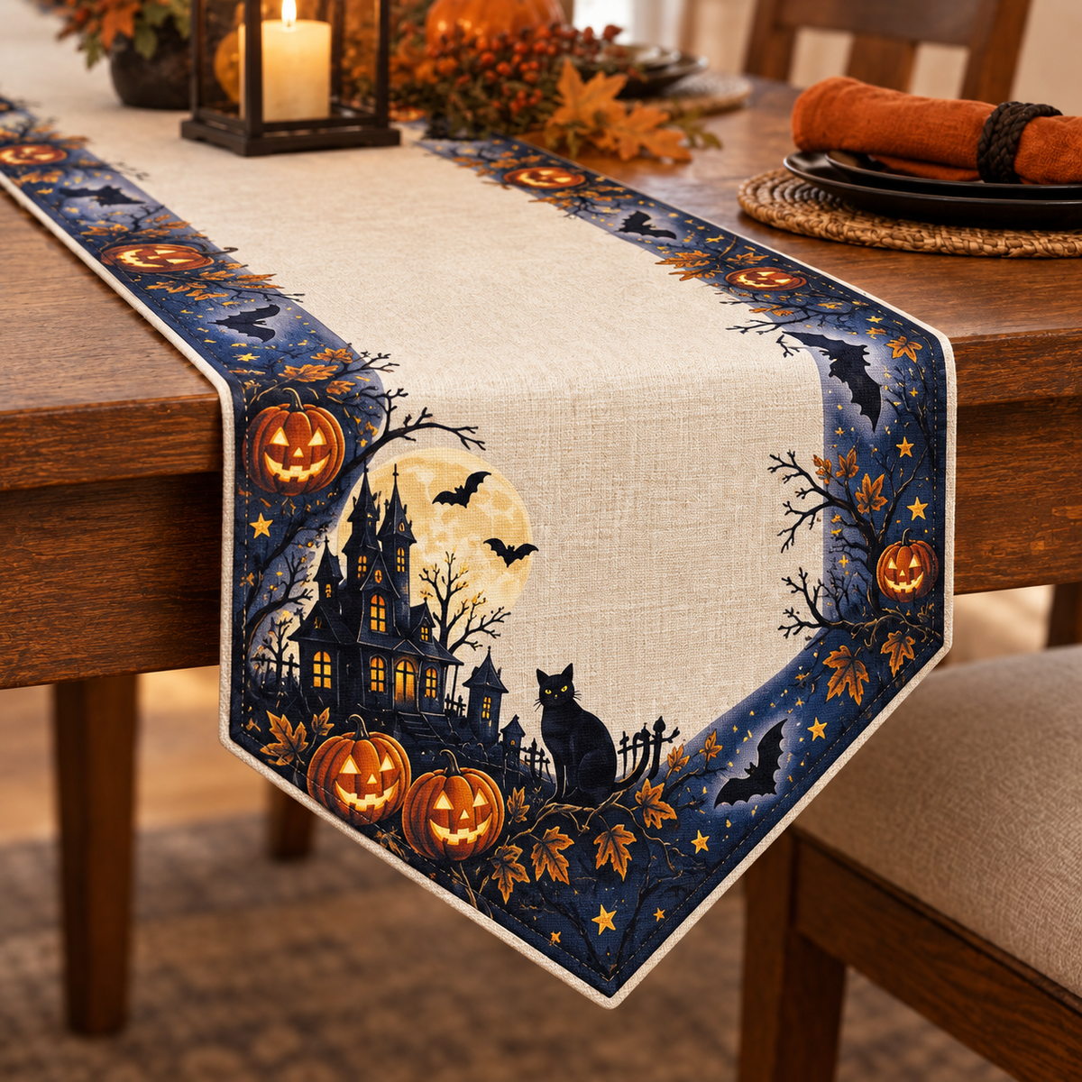 Midnight Halloween Pumpkin & Black Cat Table Runner