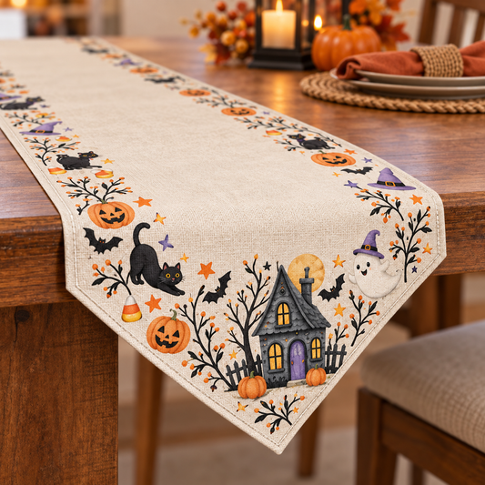 Whimsical Halloween Ghost & Black Cat Table Runner