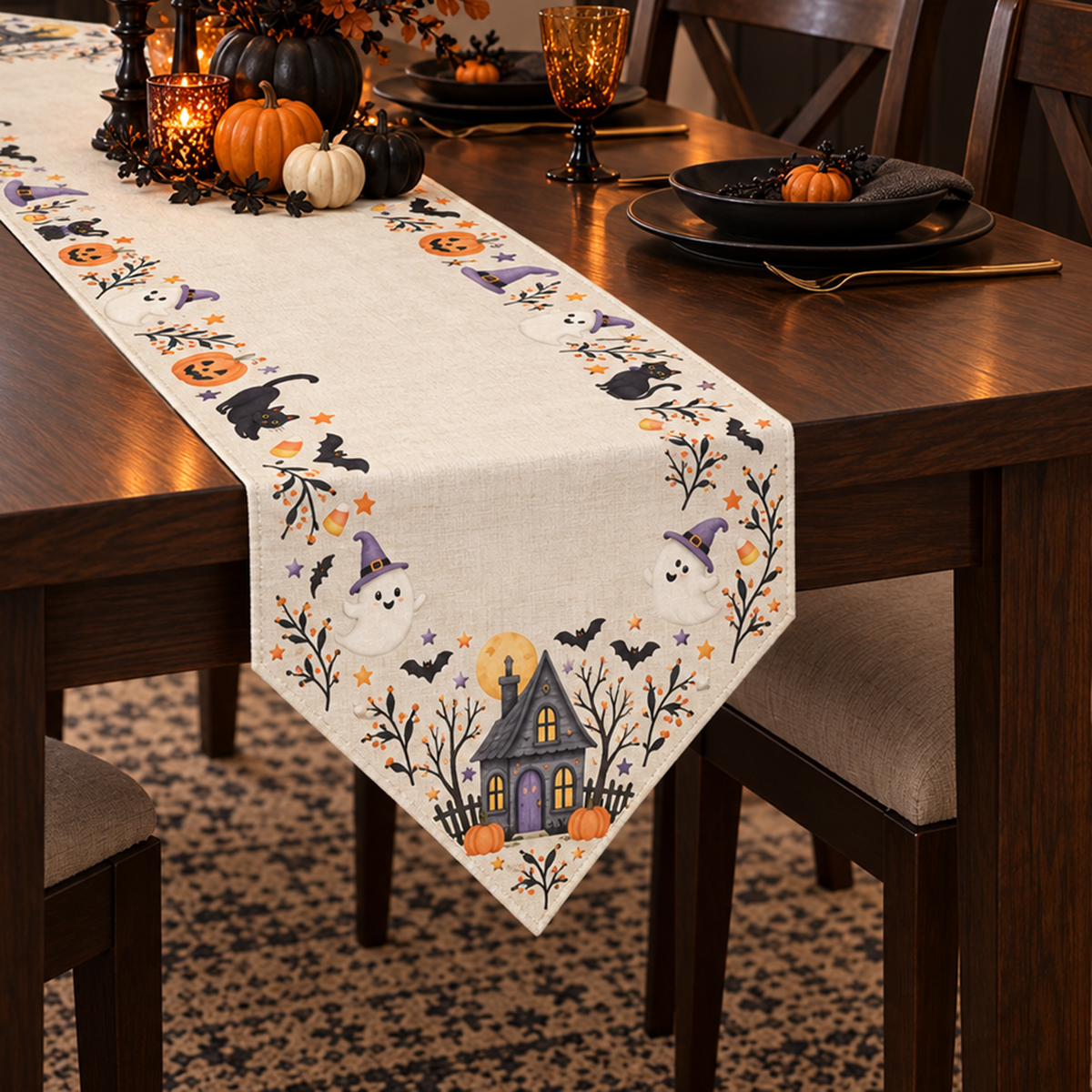 Whimsical Halloween Ghost & Black Cat Table Runner