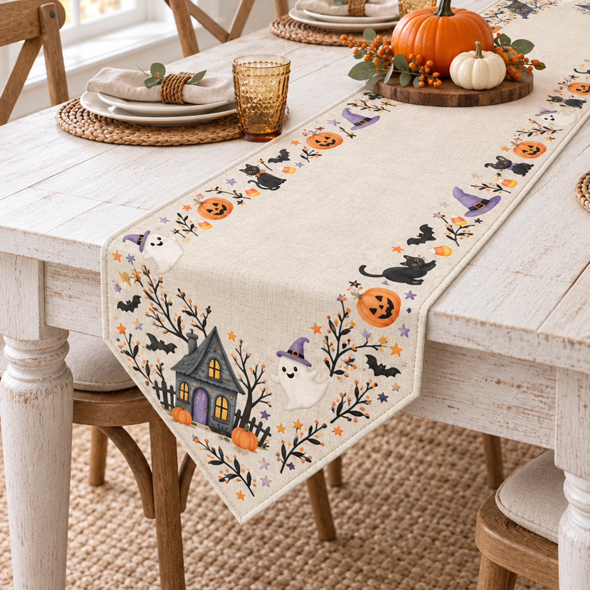 Whimsical Halloween Ghost & Black Cat Table Runner