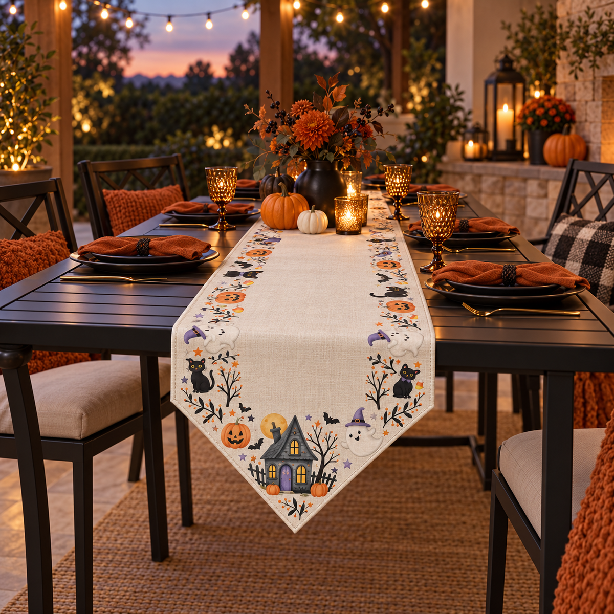 Whimsical Halloween Ghost & Black Cat Table Runner