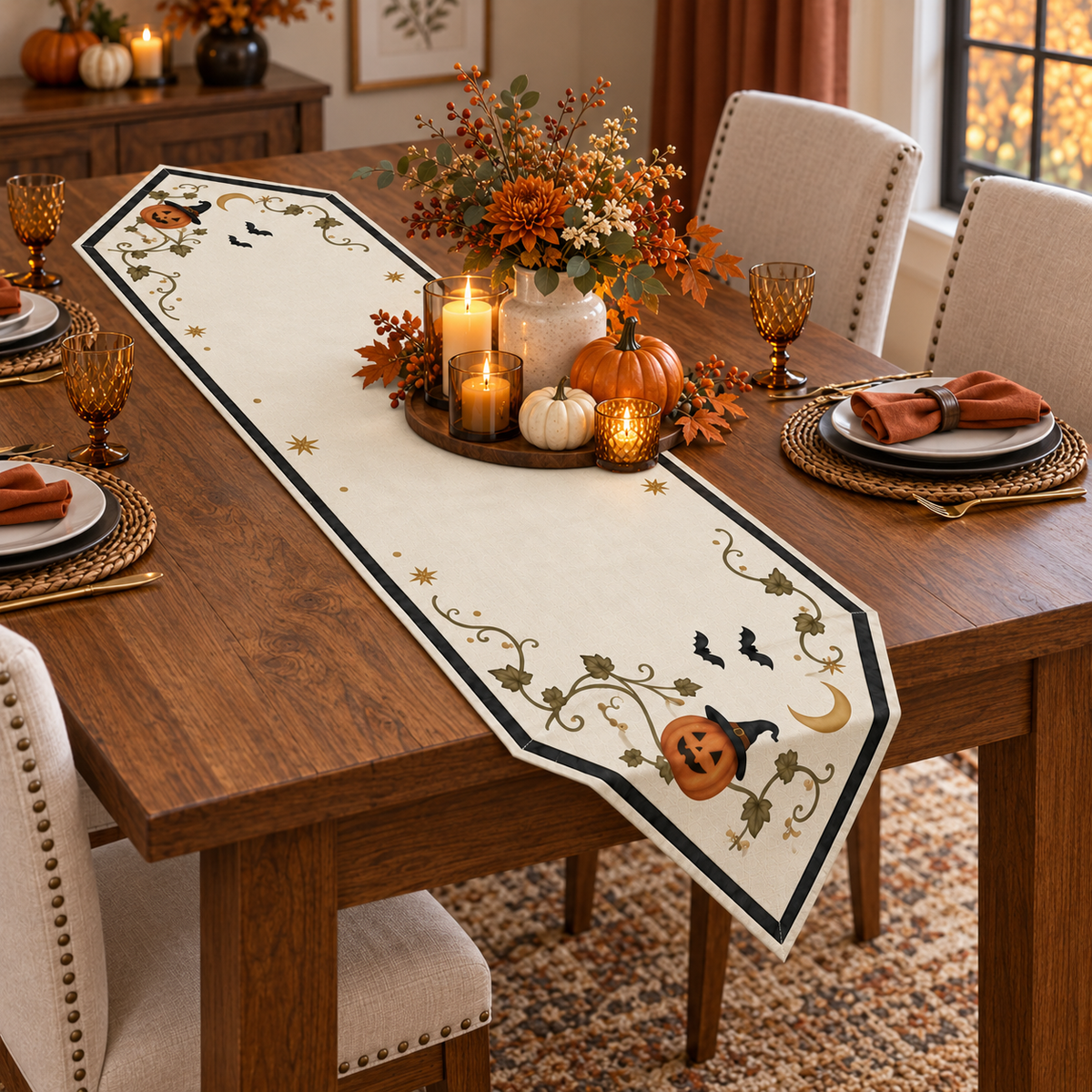 Enchanted Pumpkin & Crescent Moon Halloween Table Runner