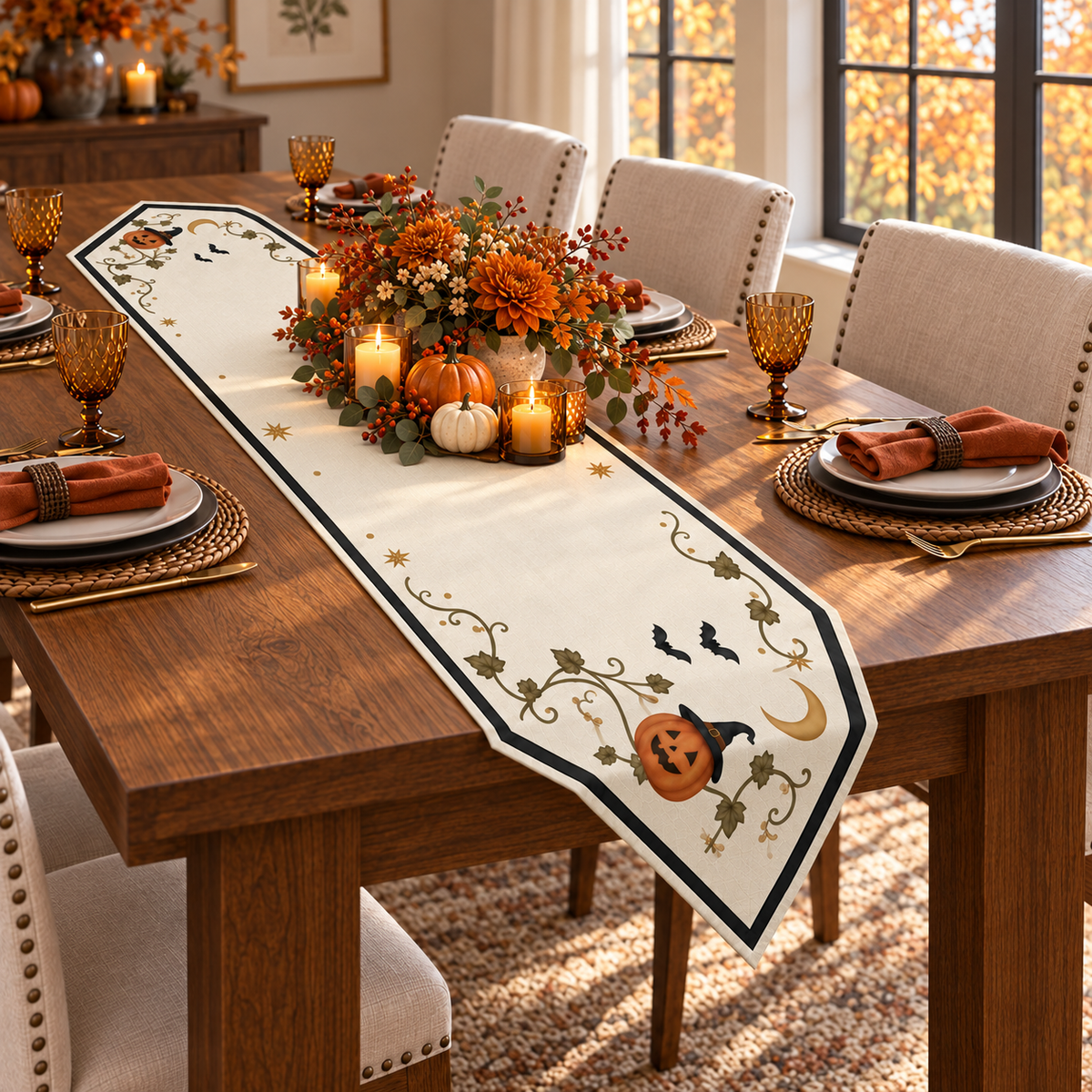 Enchanted Pumpkin & Crescent Moon Halloween Table Runner