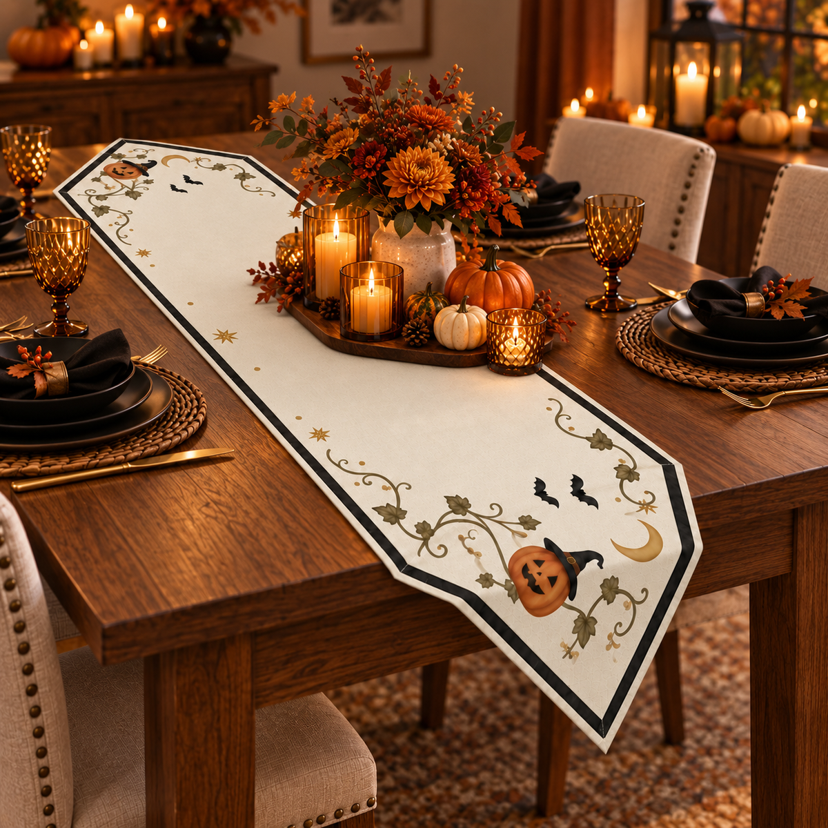 Enchanted Pumpkin & Crescent Moon Halloween Table Runner