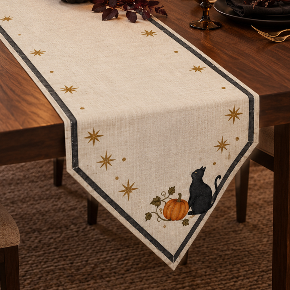 Mystic Black Cat & Pumpkin Halloween Table Runner