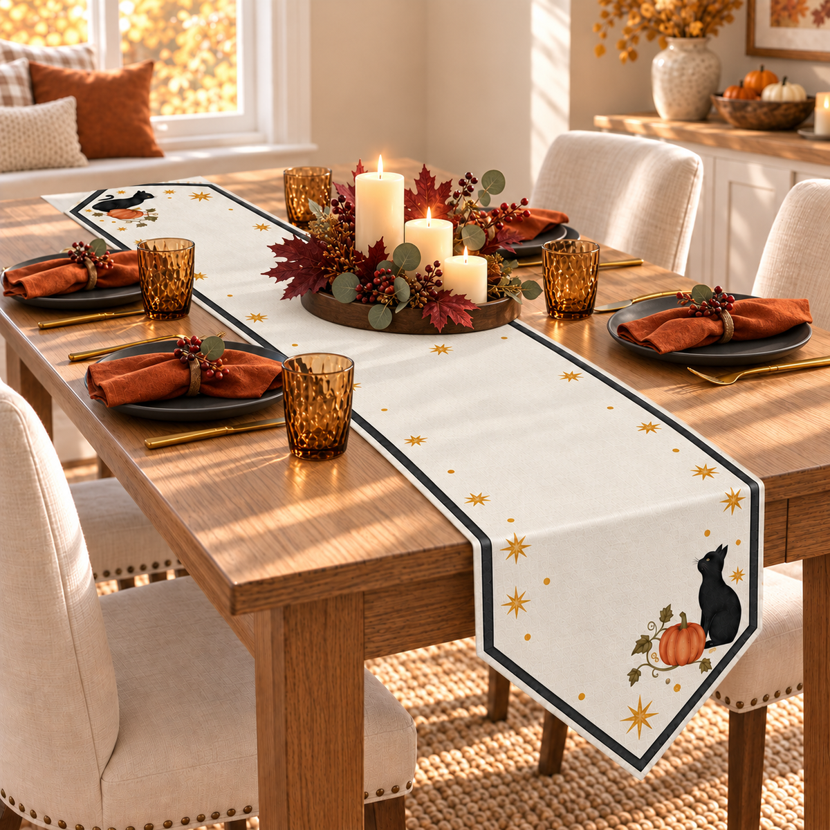 Mystic Black Cat & Pumpkin Halloween Table Runner