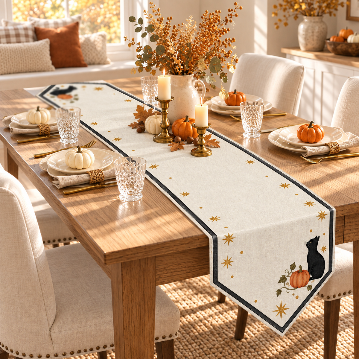 Mystic Black Cat & Pumpkin Halloween Table Runner