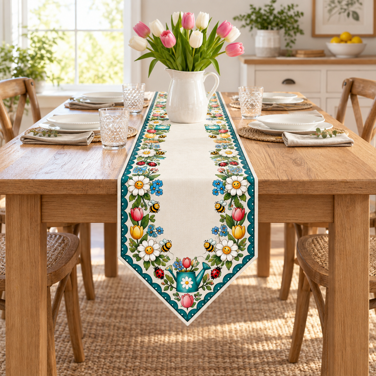 Spring Daisy Garden Bee Table Runner